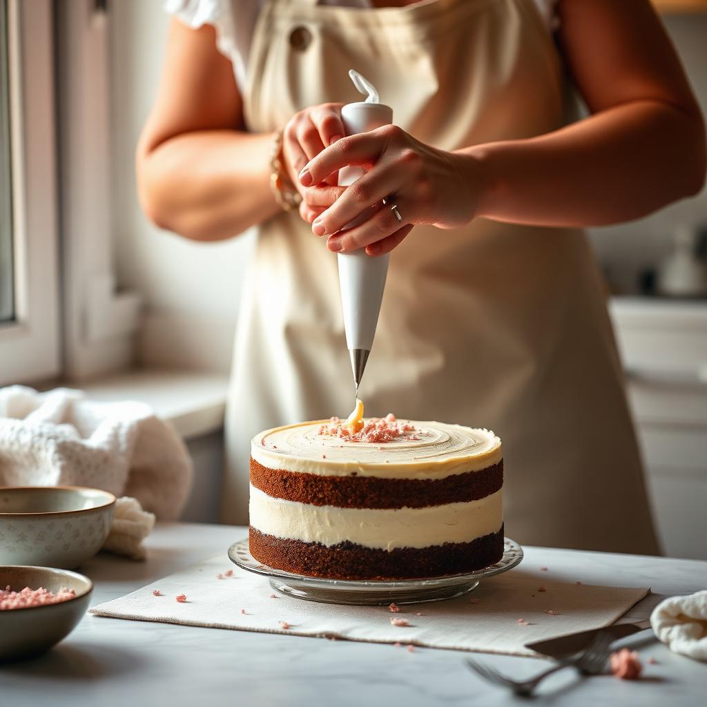 Artisan baker decorating a fresh cake