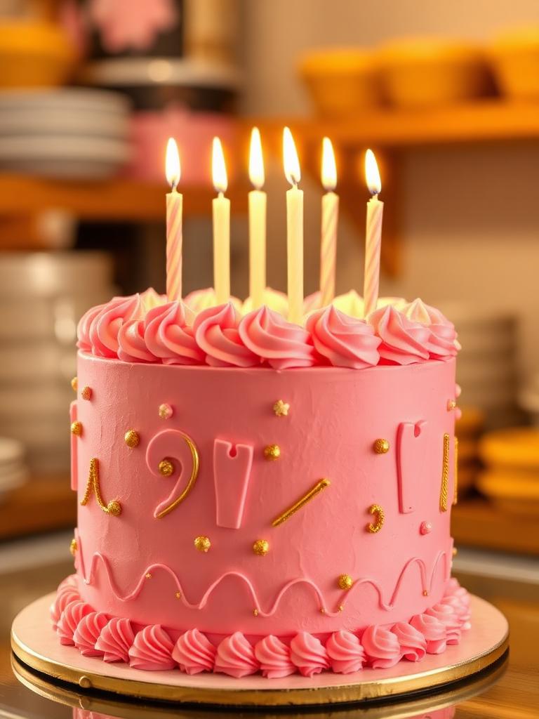 Pink birthday cake with candles