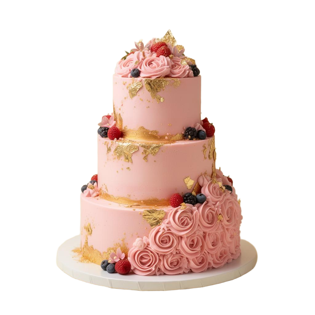 Three-tier rose and gold celebration cake by Cakes By Ruchi